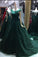 A-line Green Lace Appliques Ball Gown V-back Evening Dresses Prom Dresses WK737