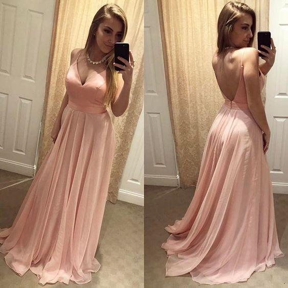 Sexy Blush Pink Backless Simple Long V-Neck Spaghetti Straps Backless Prom Dresses WK768