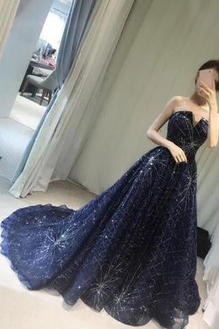 Elegant A-Line Strapless Navy Blue Sparkly Long Prom Dress WK427