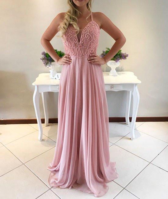 Charming A-Line Spaghetti Straps Sweetheart Pink Long Chiffon Prom Dress WK426