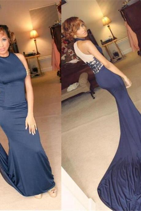 High Neck Navy Blue Sexy Mermaid Party Cocktail Dresses Long Prom Dresses uk Online PD0192