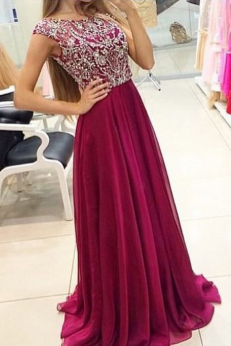 Elegant Prom Dresses Scoop A Line Floor Length beading chiffon prom gowns long evening dress WK853