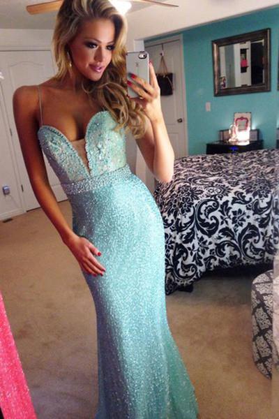 2024 sexy light blue beading sweetheart A-Line long spaghetti straps prom dresses WK354