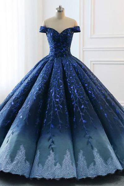 Ball Gown Navy Blue Lace Applique Ombre Off the Shoulder Princess Quinceanera Dresse WK269