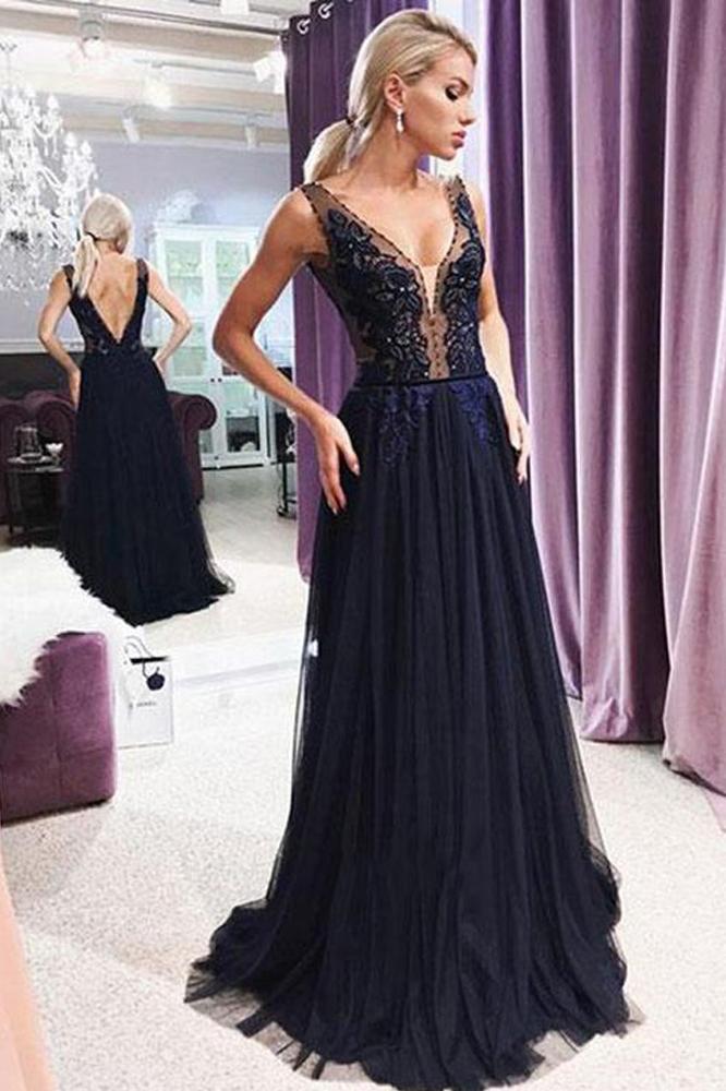 Modest A Line V Neck Open Back Navy Blue Lace Long Prom Dresses with Beading WK136