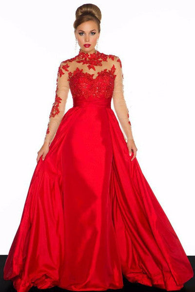 New Arrival Elegant Taffeta Applique Long Sleeve Empire Prom Gowns Evening Dresses WK857