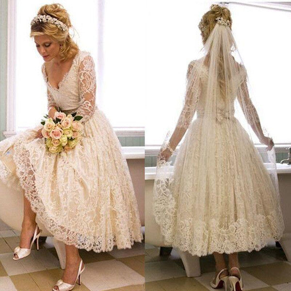 Vantage A Line V-Neck Long Sleeve Tea Length White Lace Princess Wedding Dresses WK668