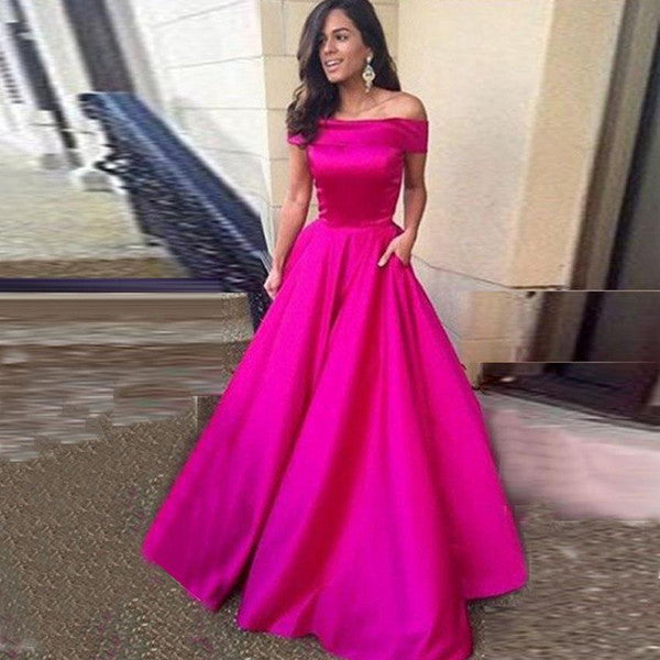 Off-the-Shoulder with Pockets Open Back Scoop A-line Simple Cheap Long Prom Dresses WK867