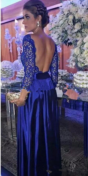 Elegant A Line Round Neck Open Back Long Sleeves Royal Blue Lace Long Prom Dresses WK135