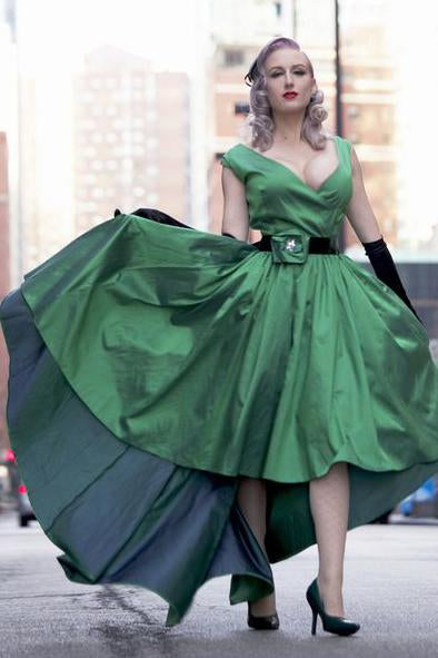Elegant Sexy A-Line Deep V-neck Cap Sleeve High Low Green Taffeta Prom Dresses WK263