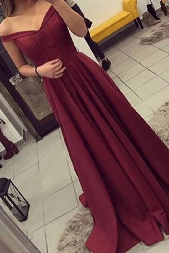 Satin Off the Shoulder A-line Sweep Train Sashes Sweetheart Burgundy Prom Dresses WK604