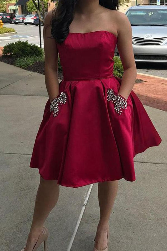Simple Strapless Cute Cheap Beaded Red Sleeveless Homecoming Dresses with Pockets WK702