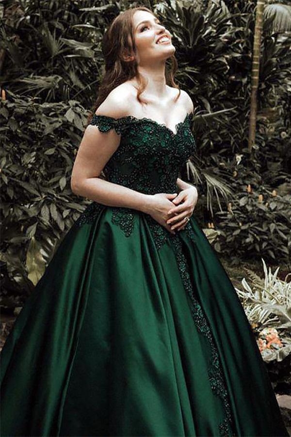 A-Line Ball Gown Off the Shoulder Green Sleeveless Sweetheart Lace Satin Prom Dresses WK555