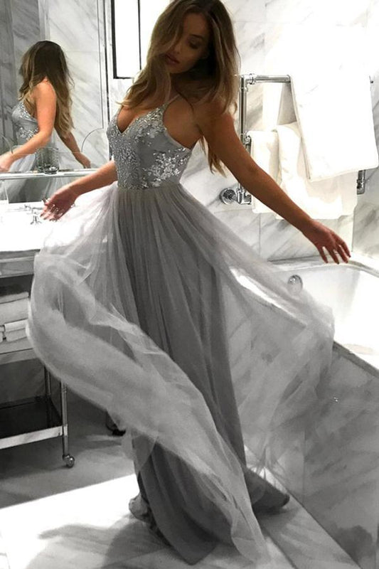 Light Grey Backless Spaghetti Straps Lace Tulle Long A-line V-Neck Prom Dresses WK529