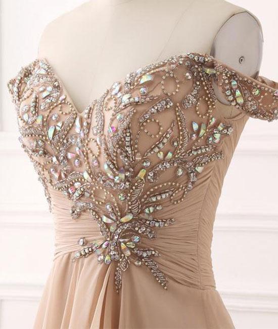 A Line Chiffon Sweetheart Off the Shoulder Beads Open Back Cheap Prom Dresses WK148
