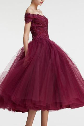 Vintage Princess Off the Shoulder Tea Length Ball Gown Scoop Burgundy Homecoming Dress WK860