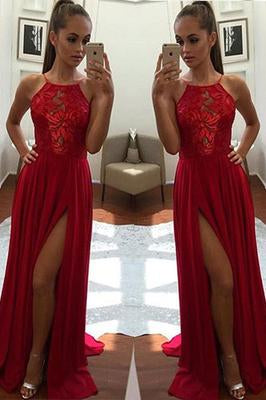 Sexy Unique Red A-Line Halter Split-Front Formal Dress Chiffon Sleeveless Long Prom Dresses WK253