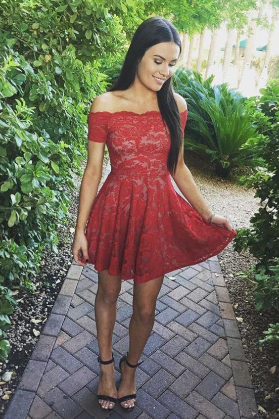 Stylish Gorgeous A-Line Off-Shoulder Red Lace Short Cute Mini Homecoming Dress WK195
