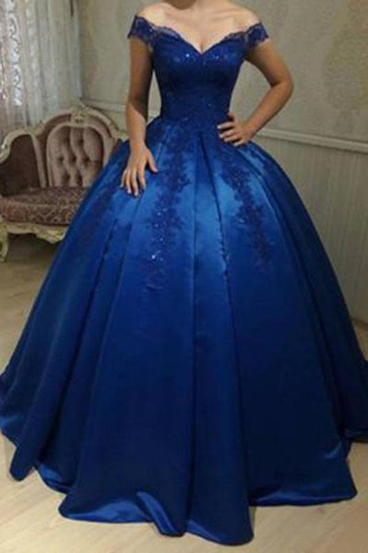 Unique Royal Blue Off Shoulder Lace Sweetheart Appliques Long Ball Gown Prom Dresses WK463