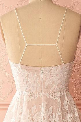 A-Line Ivory V-Neck Lace Spaghetti Straps High Low Open Back Homecoming Dresses WK517