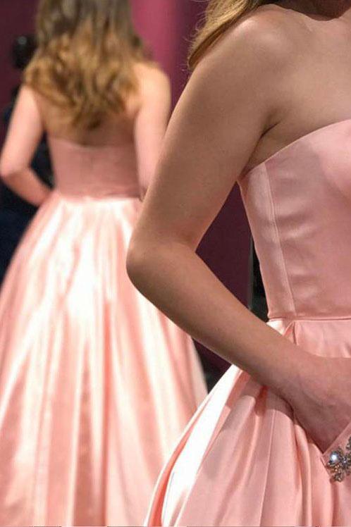 A-Line Satin Strapless Princess Floor-length Beading with Pockets Sleeveless Prom Dresses WK471