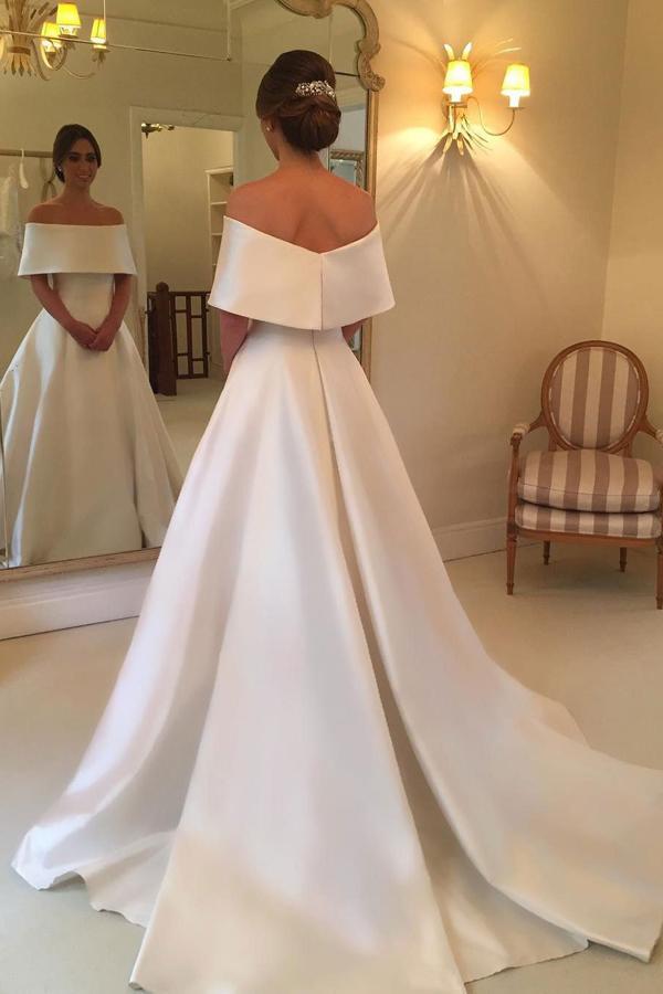 Simple Satin A-line Off the Shoulder Ivory Cheap Bridal Gown Wedding Dresses WK577