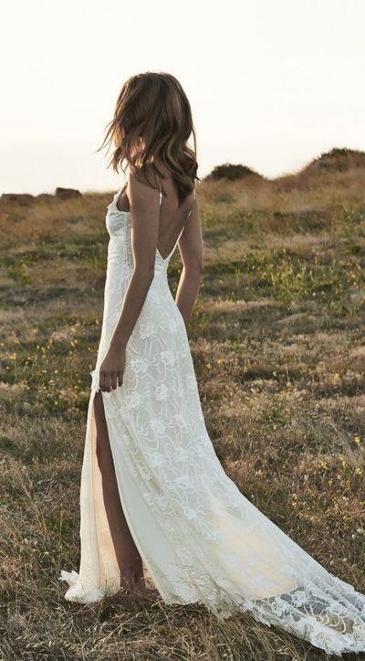 Boho Backless Front Split Romantic Off-the-Shoulder Ivory Lace Beach Bling Wedding Dress WK699