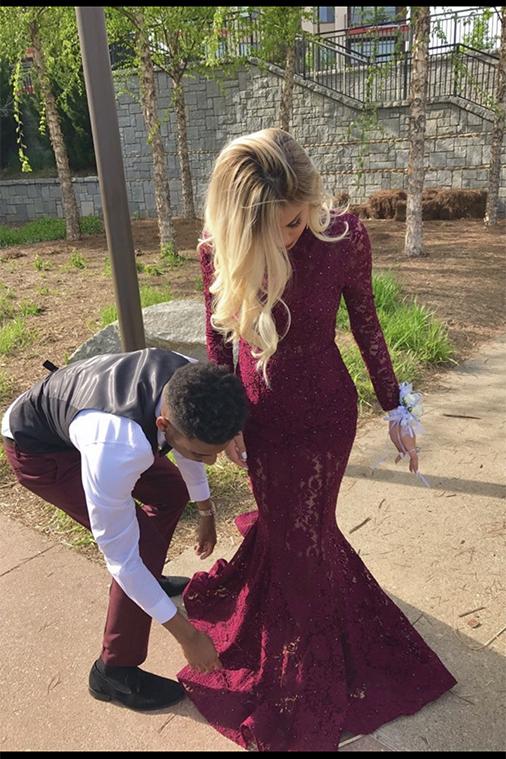 Charming High Neck Burgundy Long Sleeve Lace Mermaid Open Back Prom Dresses WK482