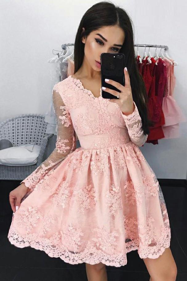 Cute A Line Long Sleeves V Neck Pink Lace Appliques Above Knee Homecoming Dresses WK795