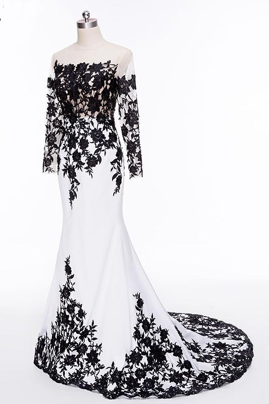 Elegant White Black Lace Appliques Mermaid Long Sleeves Satin Prom Dresses WK516