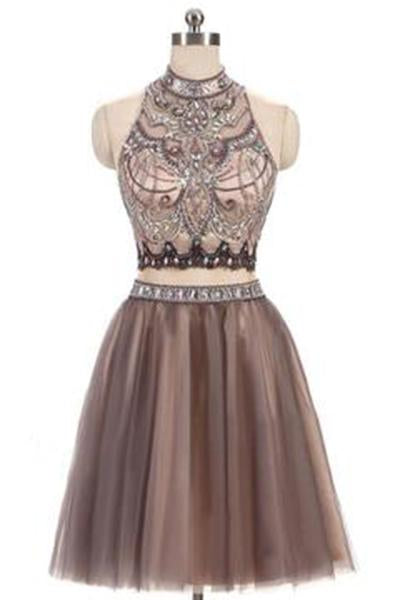 A-Line Beads Charming High Neck Open Back Two Pieces Tulle Homecoming Dresses For Teens WK401