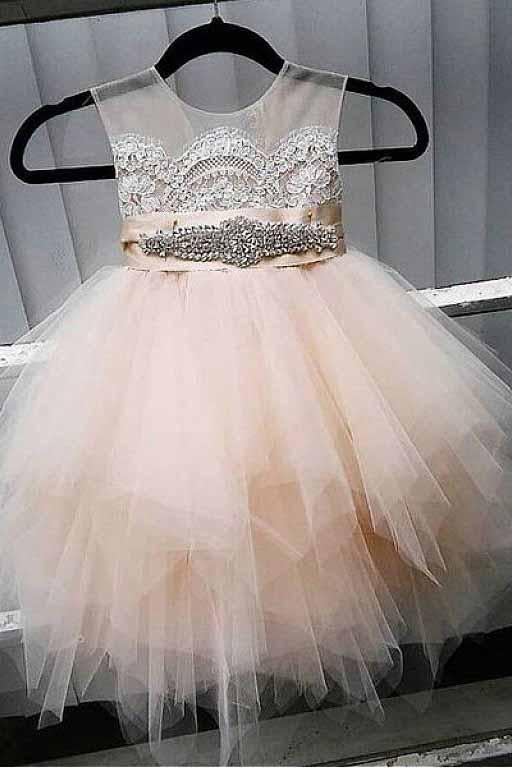 A-Line Tulle Beads Appliques Scoop Blush Pink Button Cap Sleeve Flower Girl Dresses WK888