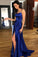 A-Line Halter Backless Blue Sleeveless Criss Cross Beteau Sleeveless Satin Prom Dresses with Split WK402