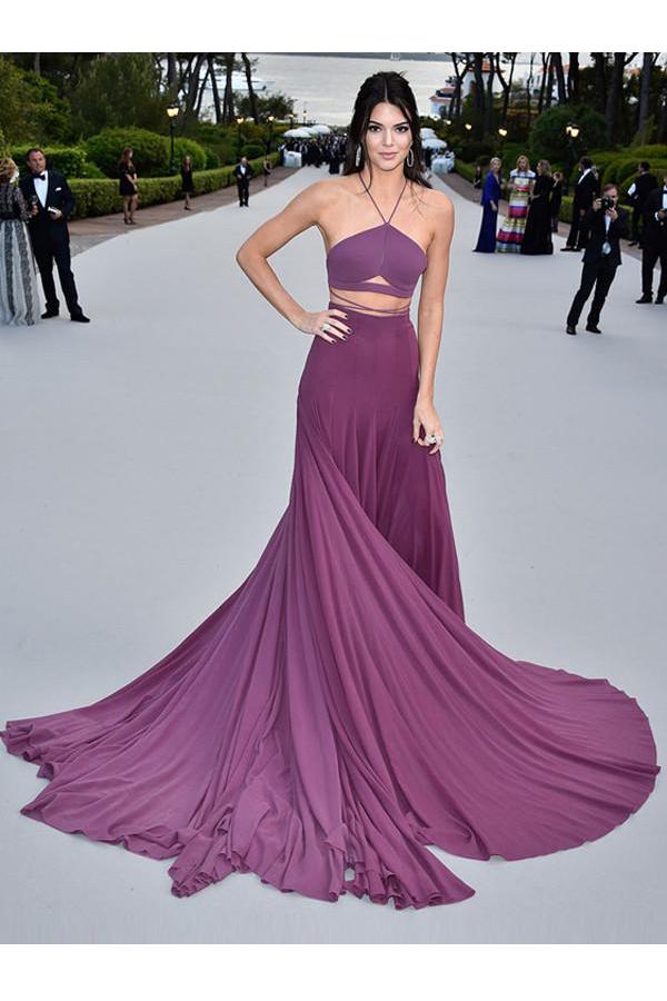 Spaghetti Straps Purple Gorgeous A-Line Chiffon Long Open Back Prom Dresses WK489