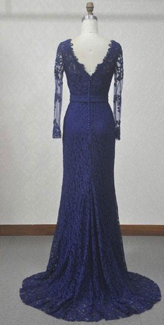 V-Neck Navy Blue Lace Mermaid Long Sleeves Open Back Floor-length Prom Dresses WK310