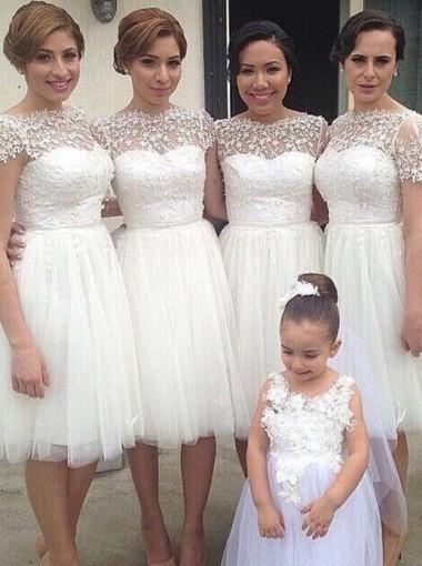 Simple A-line Bateau Knee-Length White Bridesmaid Dresses with Appliques WK480