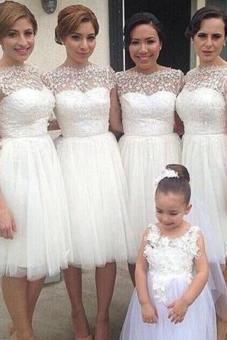 Simple A-line Bateau Knee-Length White Bridesmaid Dresses with Appliques WK480