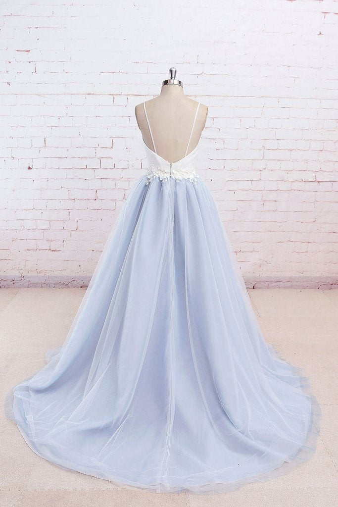 Simple A-Line Light Blue Sweetheart Spaghetti Straps Chic Blue Tulle Backless Prom Dresses WK187