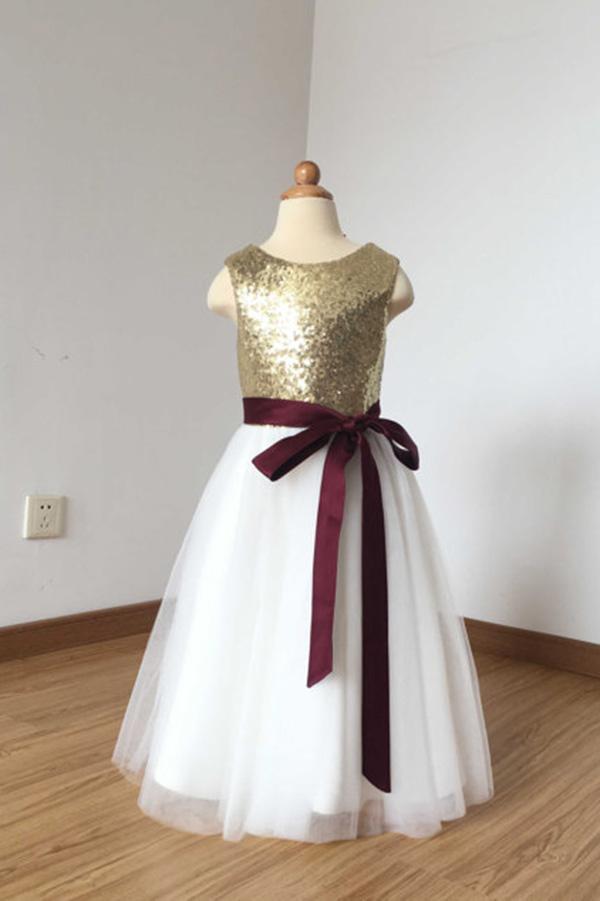 2024 A Line Simple Light Gold Sequin Ivory Tulle Scoop Flower Girl Dress with Burgundy Sash WK774