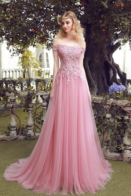 Elegant A-Line Off-the-Shoulder Lace Up Long Pink Lace Tulle Prom Dresses with Beads WK320