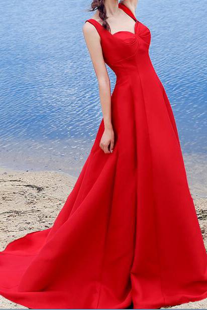 Sexy Elegant Red A-line Halter Satin Sweetheart Lace Up Simple Prom Dresses WK324