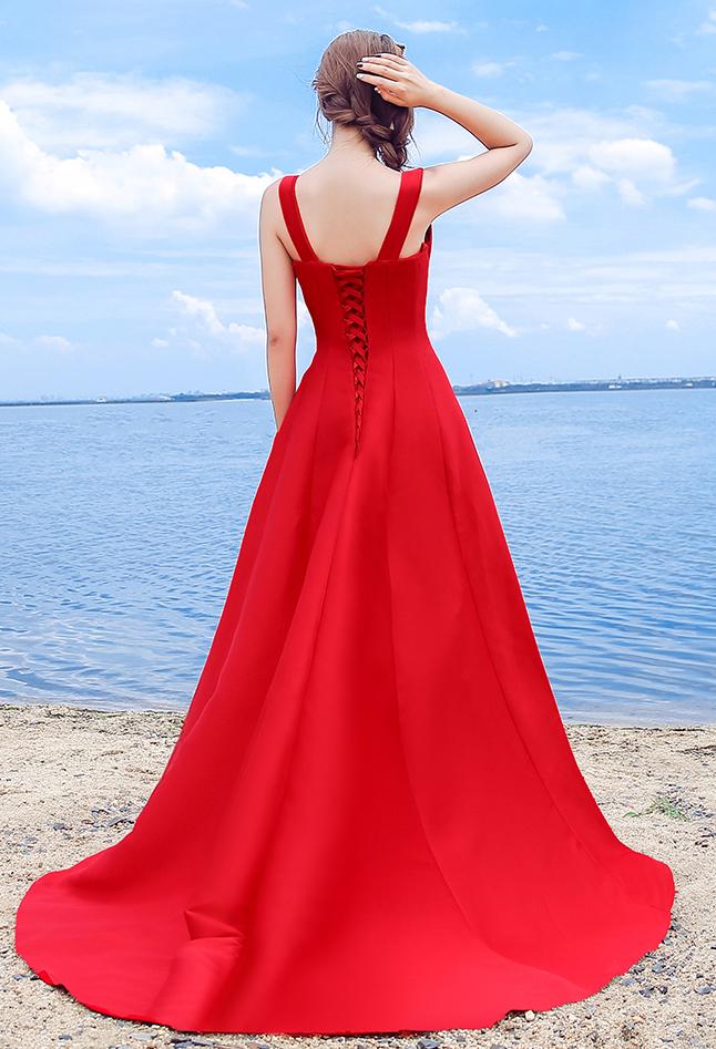Sexy Elegant Red A-line Halter Satin Sweetheart Lace Up Simple Prom Dresses WK324