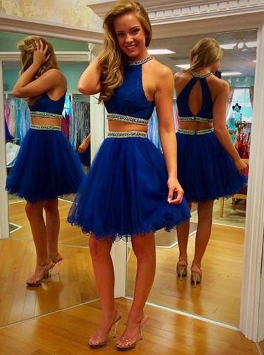 Two Piece Scoop Short Tulle Backless Royal Blue Cocktail Homecoming Dress with Beaded WK455
