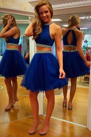 Two Piece Scoop Short Tulle Backless Royal Blue Cocktail Homecoming Dress with Beaded WK455