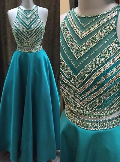 Two Pieces Beaded Crew Neck Prom Dress-Zipper-up Satin Long Prom Dresses WK842
