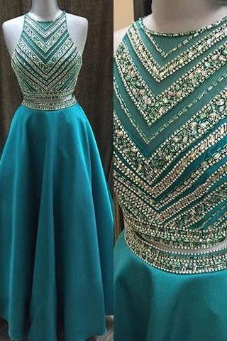Two Pieces Beaded Crew Neck Prom Dress-Zipper-up Satin Long Prom Dresses WK842