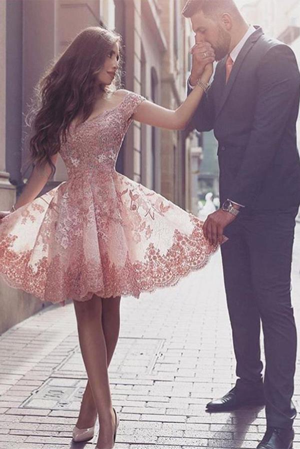 A-Line Off the Shoulder Short Sleeves Blush Sweetheart Homecoming Dresses with Appliques WK523