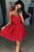 A Line Red V Neck Lace Appliques Spaghetti Straps Beads Short Homecoming Dresses WK813