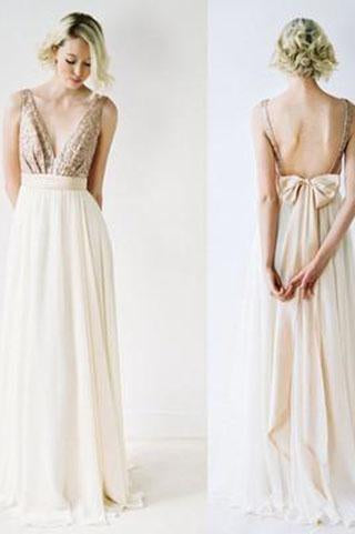 Sequin Sexy Chiffon Long Backless V-Neck Backless Sleeveless A-Line Bridesmaid Dresses WK42