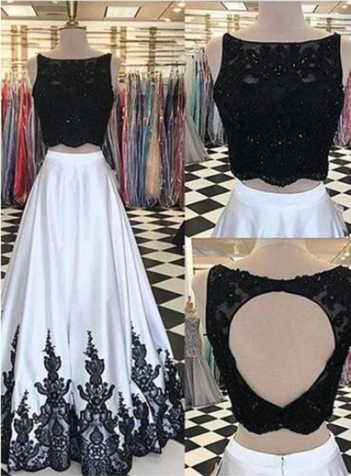 Elegant A line Two Pieces Open Back Scoop Satin Lace Beads Cheap Prom Dresses WK189